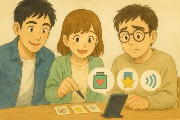 スマホで中古サイトを覗き込む3人。バッテリー最大容量／外装ランク／FeliCaテストのアイコンがふわっと重なる。