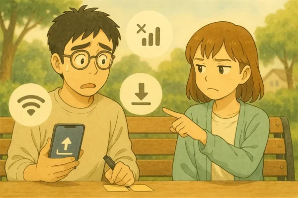 屋外のベンチで動画アップ中の画面。さとしが電波アイコンを見て首をかしげ、陽菜が「家のWi-Fiで同期しよう」のジェスチャー。