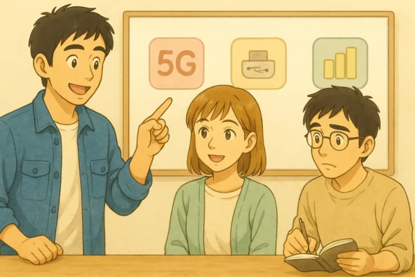 ホワイトボードの前でひろとが「5G／USB-C／伸びしろ」を指差し、陽菜がうなずく、さとしはメモ。