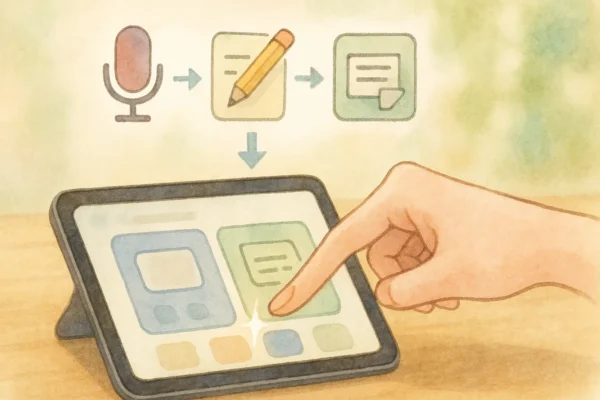 iPadのショートカットを1タップして「録音→添削→単語抽出」の流れを起動する概念イラスト