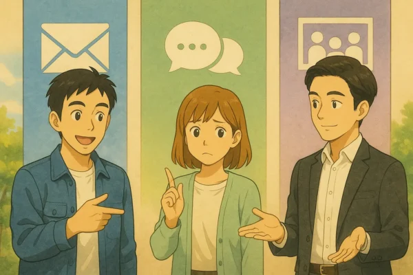 画面横に3つの縦長パネルが表示されています。左：封筒アイコンと落ち着いた青色（メール）、中央：チャットバブルと緑色（チームチャット）、右：グループ/ボードアイコンと紫色（Teams/Planner）。画面下には3人が立っており、どのツールを使うか迷っている様子です（ヒロトはメール、ヒナはチャット、タケルは両方を検討している）。