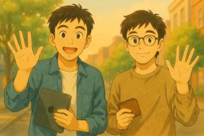 読者に手を振るひろととさとしのエンディングイラスト
