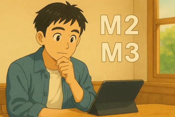 ひろとがM2とM3のiPadを並べて比較しながら考え込んでいる。頭の上に「M2」「M3」という文字がふわっと浮いているイメージ。