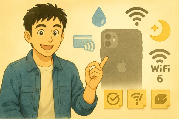 iPhone 11のシルエットの周りに、FeliCa／耐水／Wi-Fi 6／ナイト系の小さなピクト。ひろとが指で円を描く仕草。