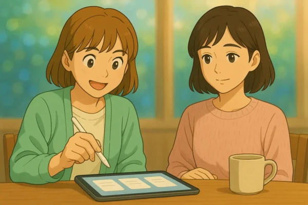 陽菜がiPadでカード化トライ。まなみが近くで見守っている。