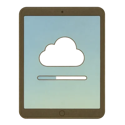iPadの画面に雲のアイコンとプログレスバー。