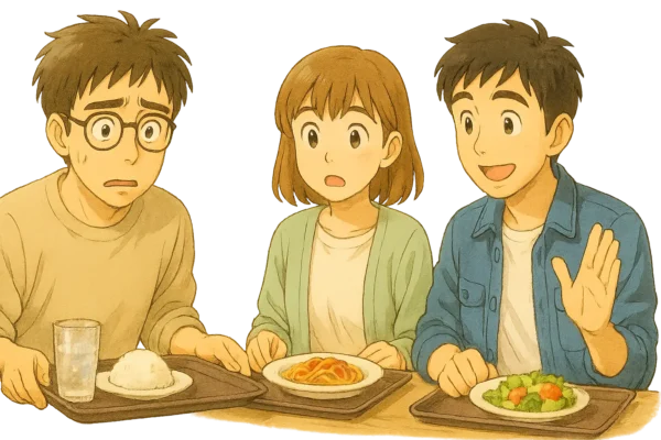 】会社のフードコート／昼／さとしがトレーを置いたところ。ひろとと陽菜は食べようとしている