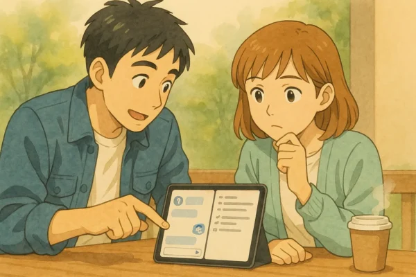 Q＆Aとトラブル対処の画面で、たまに”あれ？”って詰まるんだよねと陽菜が言っていて、ひろとが答えている風景。