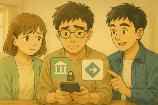 サトシがスマホで一般的な銀行アプリ風のアイコンをタップしようとする。すると、小さな鍵マークが表示される。