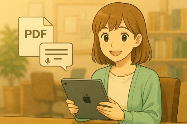 PDFカードがスピーチ台本カードへ変わる様子で要約を示すイラスト