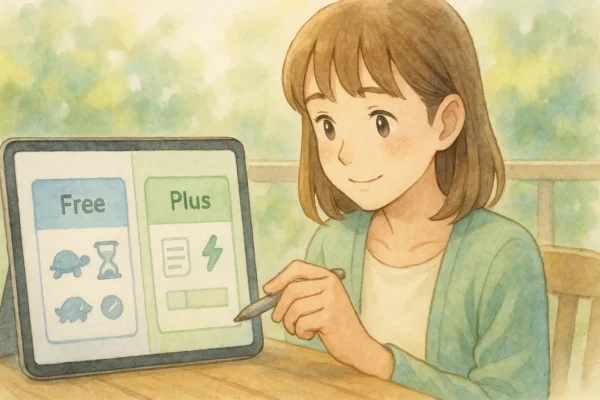 iPadの画面で無料とPlusの違いを色カードとアイコンで見比べる陽菜のイラスト