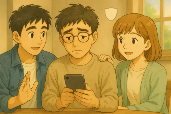 がっかりしているさとしにひろとと陽菜が慰めている