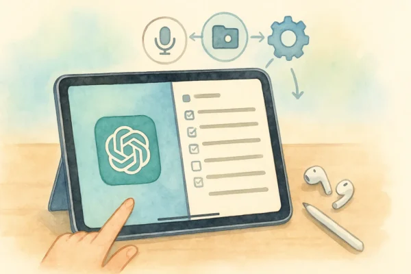 iPadのSplit ViewでChatGPTとメモを並べる概念イラスト