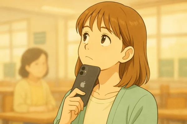 陽菜が自分のiPhone15を母にあげようか、iPhoneをあごに当てながら、上を向いて考えている。