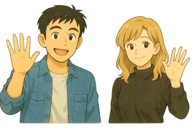彩花とひろとが笑顔で読者に手を振っている。