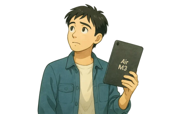 ひろとがAir M3を手にして「安心感あるな…」と上を見ながら考えている。