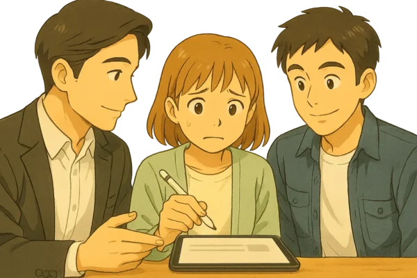 ひなはApple Pencilを使ってiPadに何かを書き、その横でたけるが優しくアドバイスしている。ひろとが微笑みながら見守っている。
