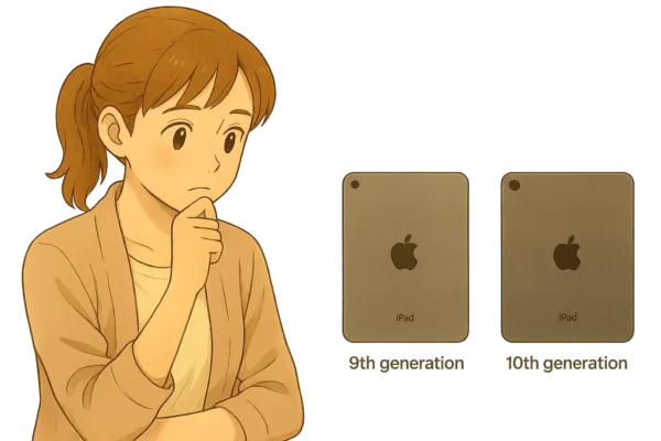 結衣が指をほほに当てて考えている
→ 横に2台のiPad（第9世代と第10世代）を並べて表示。
→ 結衣の視線はiPadへ。