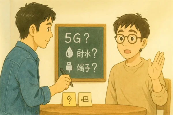 ミニ黒板に「5G？」「防水？」「端子？」の三語。ひろとが要点を書き込み、さとしが質問。