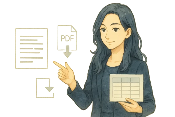 Misaki が文書（段落カード）と表（スプレッドシート風カード）を横並びに整え、手前に“PDF”風の四角アイコンと下向き矢印（書き出しの象徴）。知的で落ち着いた所作。