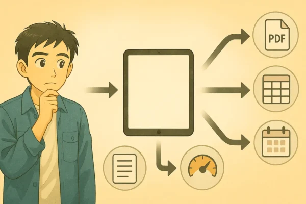iPadから左右に分岐する判定フローチャート風イラスト