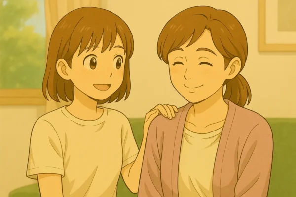 陽菜が結衣姉ちゃんに、優しい顔で肩をたたいている。結衣はそれを受けてほほ笑んでいる。
