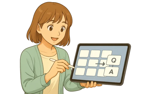iPad画面に白い小カードが3×3で並ぶ。 陽菜が1枚をドラッグして“Front/Back”矢印で分割するイメージ。