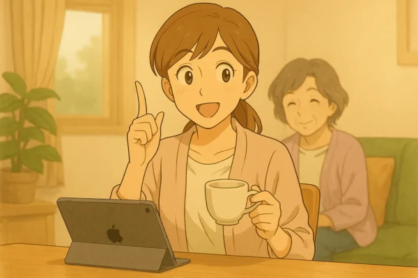 iPadを見て、お茶を飲んでいる結衣がふと気がつく。何か思いつく。