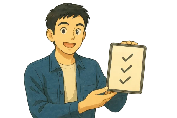 ひろとがiPadを手に持って、3つのチェック項目（「要点3/決定事項/依頼」）にきちんとチェックが入ったリスト画面を見せている。彼は「これでOK！」といった感じで笑顔を見せている。
