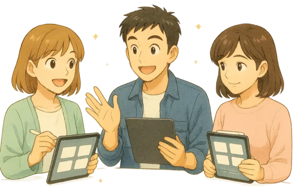 陽菜とひろとまなみが自分の持っているiPadとAppleペンシルを楽しく話し合っている