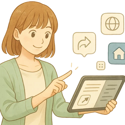 ヒナ（キャラクター設定通り）が横向きにiPadを手に持ち、もう片方の手で「共有」のようなアイコンのポップアップをタップしている。画面には、ブラウザアイコン、アプリアイコン、ホーム画面アイコンなど、様々な小さなアイコンが抽象的な形状で浮かび上がっている。