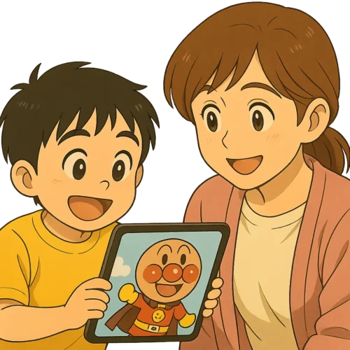 颯真がiPadでアニメを見ている。それを結衣がにこっとして見ている。