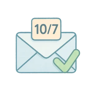 シンプルなデザインの封筒で、右上に「10/7」と書かれた小さなカレンダーのマーク（チェックマーク付き）。