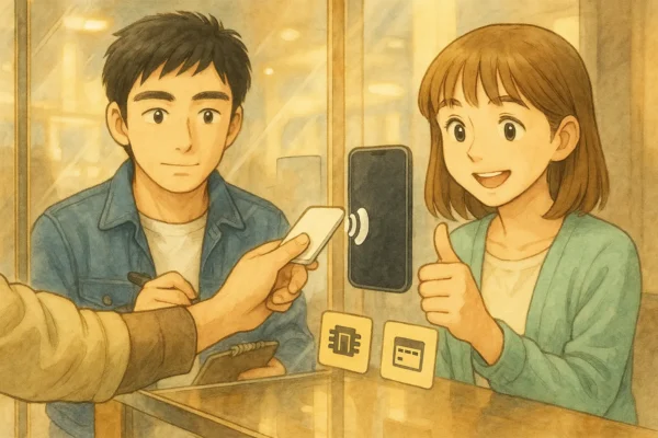 128GB／保証3ヶ月の札。陽菜が店員にFeliCaテストをお願い→OKの親指。ひろとは価格・状態・回線の三拍子チェック。