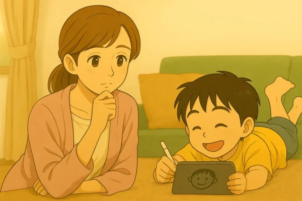 自分用のiPadがあったらいいなと考えている。颯真が陽菜のお母さん（颯真のおばあちゃん）のiPad第8世代で寝ながら絵を描いている。