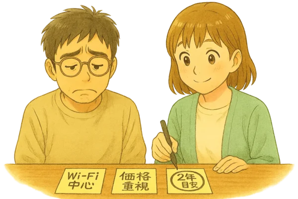 付箋が並ぶ机。「Wi-Fi中心」「価格重視」「2年目安」に陽菜が丸をつけ、さとしが頷く。