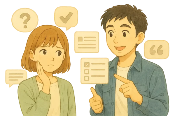 質問マークの吹き出しとチェックマークの吹き出し、引用符（「 」）記号、整った段落カードを周囲に配置。Hina は考え顔、Hiroto はチェックリストを指し示す。