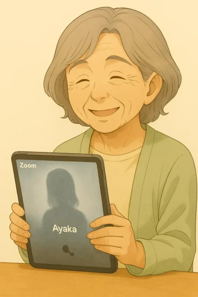 幸子が孫とZoomでテレビ電話している。