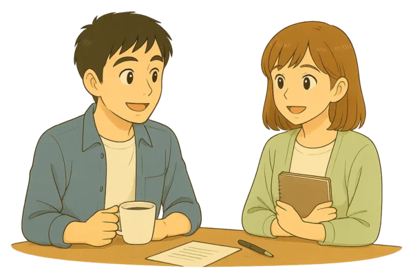 ひろとと陽菜が会社のオフィスで話している。
