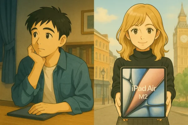 左は夜の部屋でひろとがiPadについて考え込んでいる。右は彩花が13インチiPadを広げて押し出すように見せている