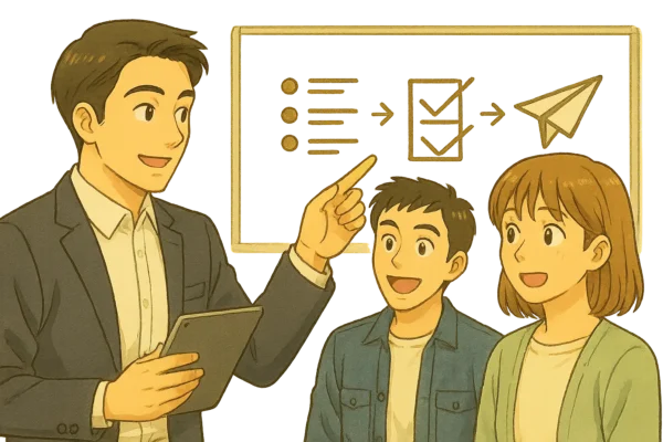 たけるがホワイトボードに並んでいる3つのシンプルなアイコン（箇条書きリスト→チェックリスト→紙飛行機）を指さしている。ひろとと陽菜は「なるほど！」という表情でうなずいている。