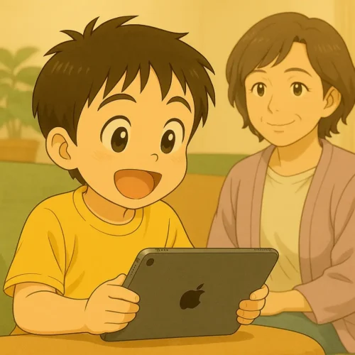 颯真がiPadでアンパンマンを見ている。後ろで陽菜のお母さんがその様子をにっこりみている。