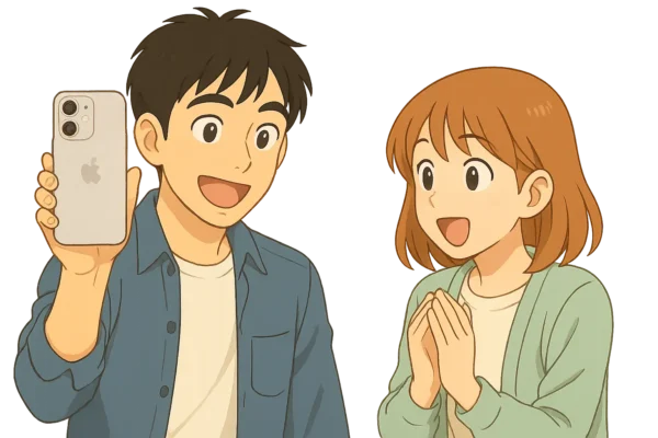 ひろとと陽菜がニュース記事を一緒に覗き込んで驚いているシーン