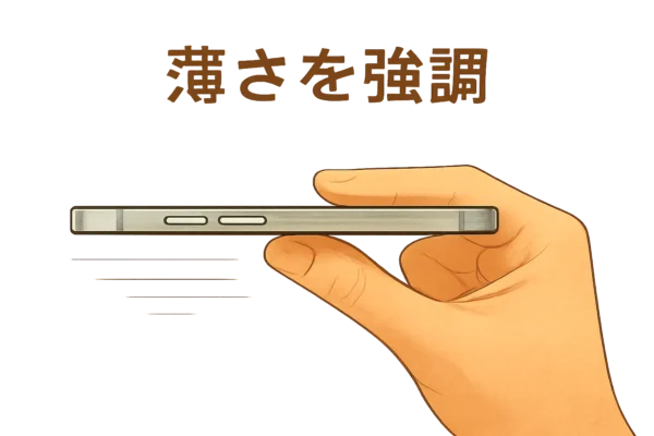 手に持ったiPhoneの側面（薄型・カラーが映える）