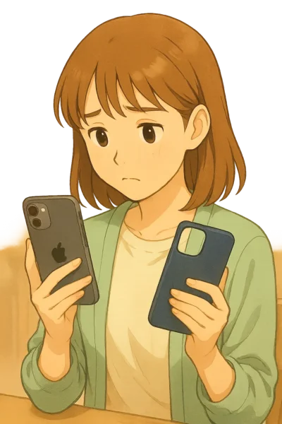iPhoneとケースを持ちながら考え込んでいる様子。