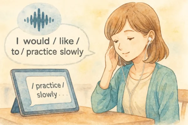 英文をスラッシュで区切り、ゆっくり音読する練習のイラスト