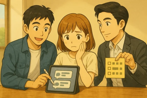 陽菜がiPadの画面（2つのメッセージのやり取り）を心配そうに見ていて、ひろとが優しく励ましている。たけるは付箋に書かれたチェックリスト「賢明・大胆・寛容・権限」の文字を指差している。