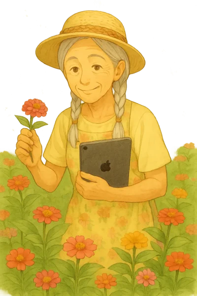 幸子が園芸のアプリを見ながら、花を摘んでいる。