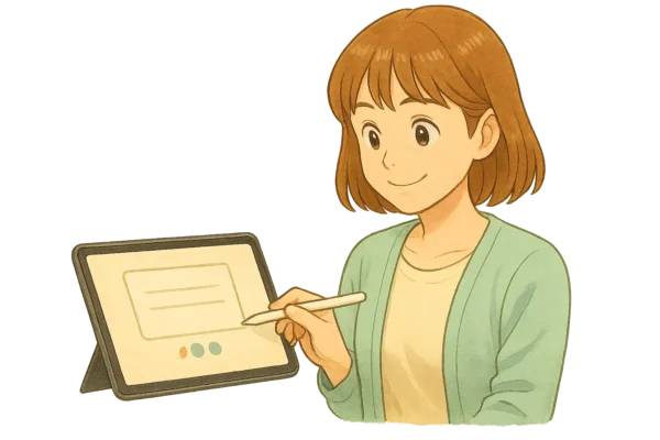 iPad画面のカード下にタグ（丸いチップ風）を2～3個。