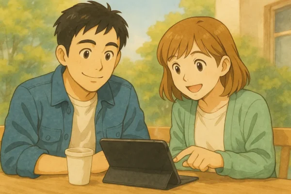 iPadをのぞき込んでいるひろとと陽菜